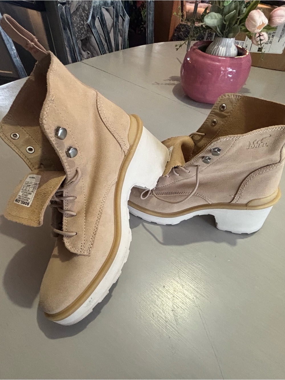 Sorel Beige Suede Lace-Up Platform Ankle Boots